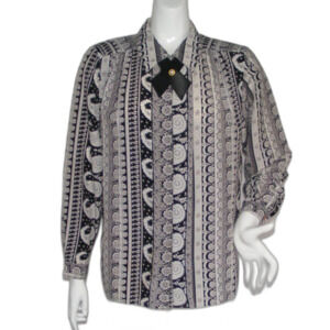 Vintage Blouse, L, Ribbon Tie, Floral/Scalloped Print Stripes, Hidden buttons